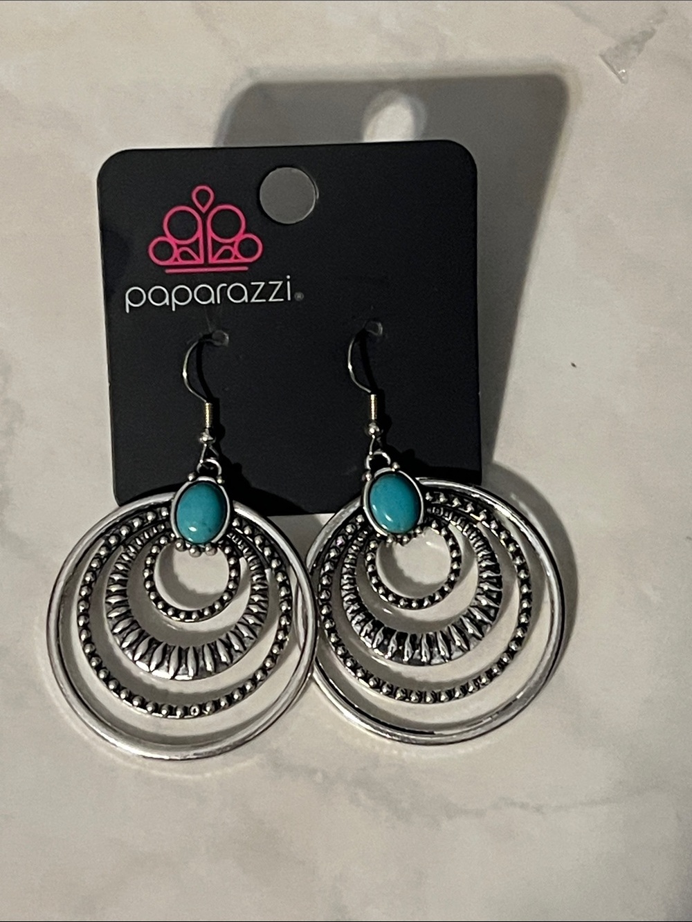 Paparazzi Silver-Tone Concentric Hoop Earrings with Turquoise Accent